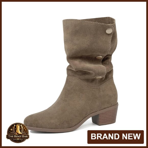 Suede Mid-Calf Boots 3-Way Fold Over Chunky Heel Size 8
